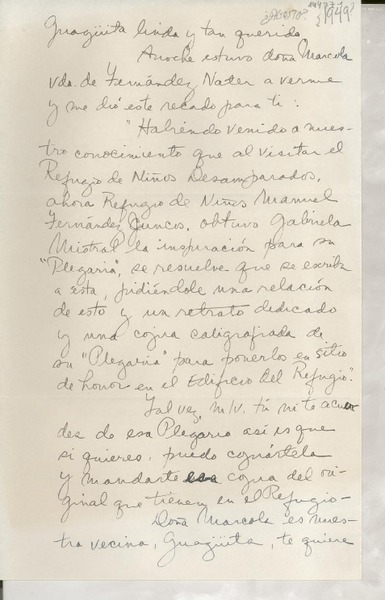 [Carta] [1949?] [ago.?] [a la] Guagüita linda y tan querida