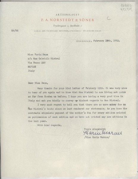 [Carta] 1952 Feb. 19, Stockholm, [Sweden] [a] Miss Doris Dana, co Mme Gabriela Mistral, Via Tasso 220, Naples, Italy