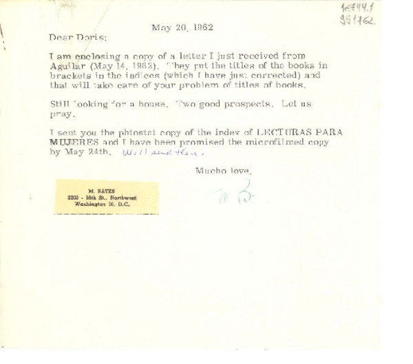 [Carta] 1962 May 20, [Estados Unidos] [a] Dear Doris