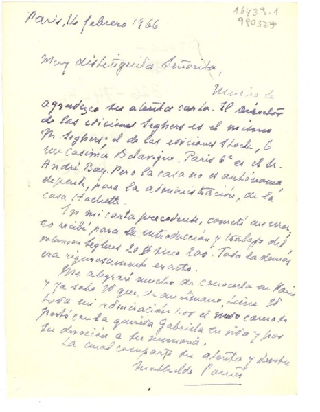 [Carta] 1966 feb. 1, 20 Rue de Grenelle, [Paris], [France] [a la] Muy distinguida Señorita