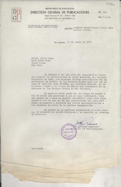 [Carta] 1968 jun. 10, San Salvador, [El Salvador] [a] Srita. Doris Dana, Hack Green Road, Pound Ridge, New York