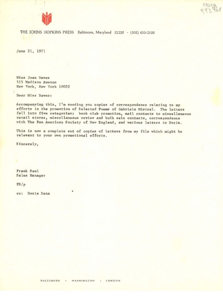 [Carta] 1971 June 21, The Johns Hopkins Press, Baltimore, Maryland 21218, [EE.UU.] [a] Miss Joan Daves, 515 Madison Avenue, New York, New York 10022, [EE.UU.]