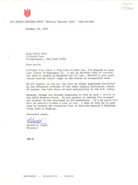 [Carta] 1971 Oct. 19, The Johns Hopkins Press, Baltimore, Maryland 21218, [EE.UU.] [a] Miss Doris Dana, Hildreth Lane, Bridgehampton, New York 11932, [EE.UU.]