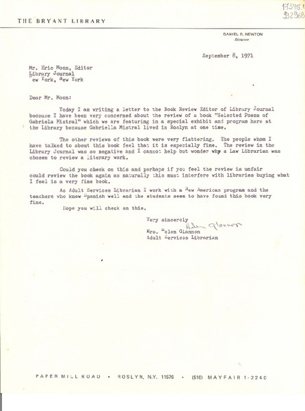 [Carta] 1971 Sept. 8, [New York, Estados Unidos] [a] Mr. Eric Moon, editor Library Journal, New York