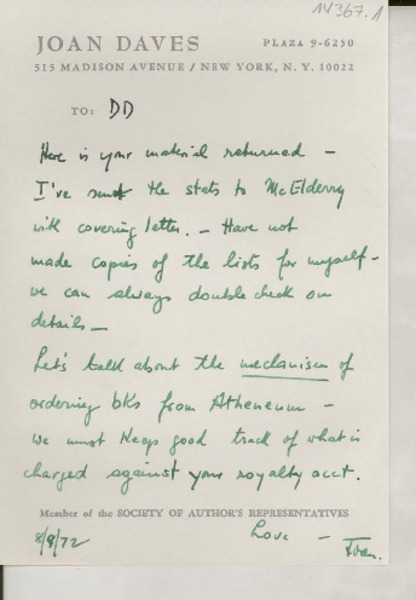 [Carta] 1972 Aug. 9, 515 Madison Avenue, New York, N.Y. 10022, Plaza 9-6250, [EE.UU.] [a] [Doris Dana]