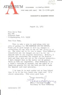 [Carta] 1973 Aug. 31, Atheneum publishers 122 East 42 Street, New York City 10017, [EE.UU.] [a] Miss Doris Dana, Box 784, Hildreth Lane, Bridgehampton, N. Y. 11932, [EE.UU.]