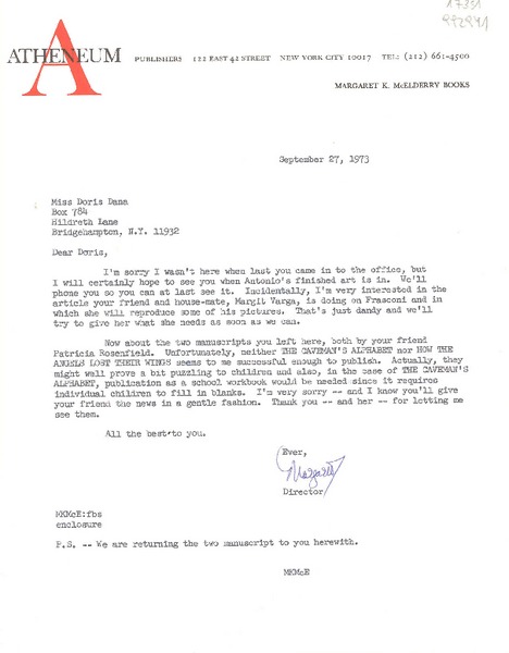 [Carta] 1973 Sept. 27, Atheneum publishers 122 East 42 Street, New York City 10017, [EE.UU.] [a] Miss Doris Dana, Box 784, Hildreth Lane, Bridgehampton, N. Y. 11932, [EE.UU.]