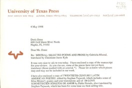 [Carta] 1998 May 4, University of Texas Press, Austin, Texas 78713 - 7819, [EE.UU.] [a] Miss Doris Dana, 600 Gulf Shore Blvd. North, Naples, FL 34102, [EE.UU.]