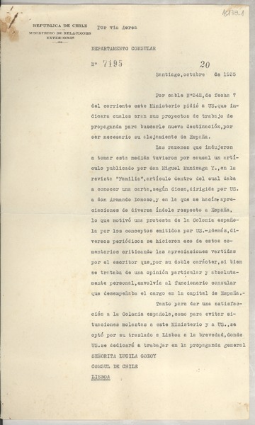 [Memorandum] N° 7195, 1935 oct. 20, Santiago, [Chile] [a la] Señorita Lucila Godoy, Cónsul de Chile, Lisboa, [Portugal]