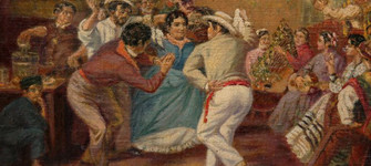 Manuel Antonio Caro. La Zamacueca. Óleo sobre tela, 30x40cm; De la colección Luis Álvarez Uquieta.  Ingresó a la colección en 1939.