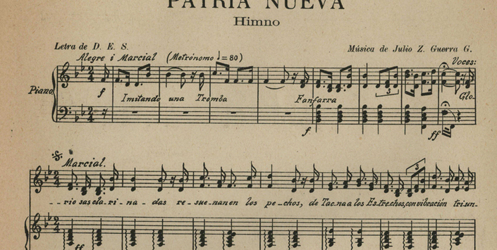 Partitura del Himno Patria Nueva. Música de Julio Guerra García (detalle)