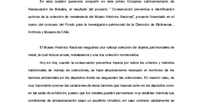 Investigación científica de metales en el museo histórico nacional" (primera parte)