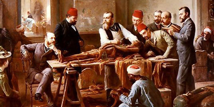 Desvendado de una momia en 1875 . Pintura de Paul Dominique Philippoteaux.