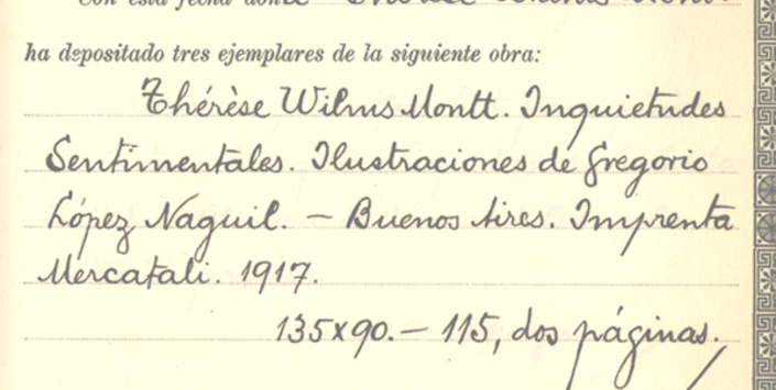 Registro de la obra "Inquietudes Sentimentales" de Teresa Wilms Montt