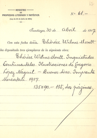 Registro de la obra "Inquietudes Sentimentales" de Teresa Wilms Montt