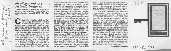 Veinte poemas de amor y una canción desesperada  [artículo] Ana María Larraín.